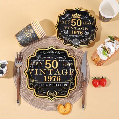 10/20/30pcs,Retro 50th Black And Gold Birthday Party Scalloped Paper Plate With Golden Edge & 9oz Paper Cup For Men,Vintage 1976 Disposable Paper Plates,Back To 1976 Theme Birthday Party Plates And Cups Perfect For Men's Birthday Themed Parties Anniversary Theme Celebrations