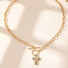 Gold Tone Layered Cross Pendant Necklace With Toggle Clasp, Chunky Chain Choker Style Statement Jewelry For Women, Everyday Accessory For Date Night, Party Looks, Valentines, Mom And Mother's Day Gift - 金色 - 查看 5