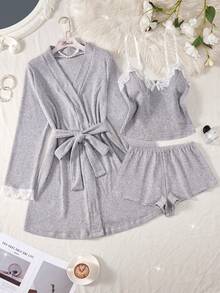 全新 4 件纯色性感舒适睡袍套装 撞色蕾丝袖口配套腰带睡袍可调节肩带深 V 领撞色蕾丝蝴蝶结装饰上衣弹力腰短裤女式性感舒适睡袍套装