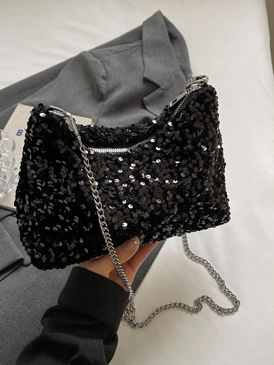 1pc Zipper Closure PVC Sequin Shiny Shoulder Bag, Fashion Chain Strap Clutch Bag, Suitable For Women's Party, Date, Evening Use - Black - View 1