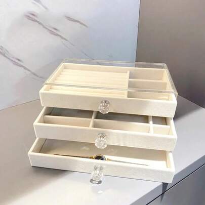 Cross-Border Three-Layer Flannel Jewelry Storage Box Square Dust-Proof Drawer-Type Earrings Storage Explosion-Proof Features