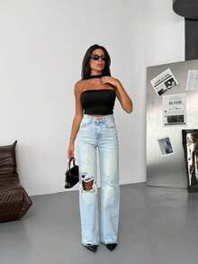 SQUALO Women's Wide Leg Color With Pocket Details Destroyed Retro Washed Street Style Jeans Ripped And Cutout Wide Leg Jeans - Baby Blue - View 8