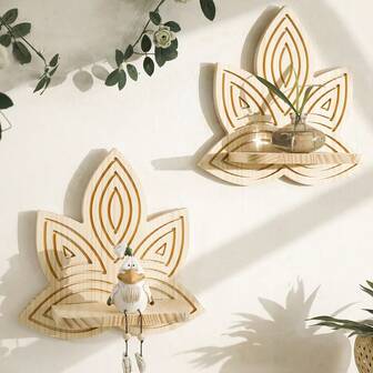 1개 가정 장식 나무 연꽃 벽 선반, 곡선 잎 디자인의 보헤미안 젠 플로팅 선반, 미니멀리스트 벽걸이형 수납 랙, 거실, 침실, 욕실 및 서재에 적합 - 공간 절약형 장식 수납 선반, 설치 용이, 방