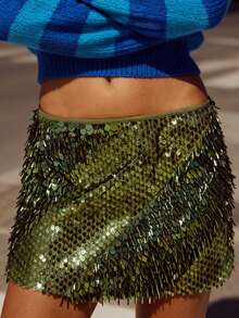Women's Shiny Sequin Mini Skirt Glitter Low Waist Pencil Skirts Bodycon Dance Party Club Short Skirt - 軍綠色 - 查看 5