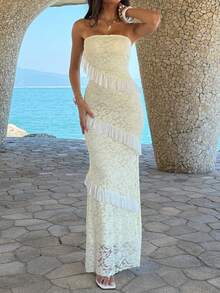 Unadoll 女士春季性感无肩带蕾丝提花面料优雅连衣裙，适合约会、婚礼、度假、派对、生日、情人节等场合。 - 黃色 - 查看 3