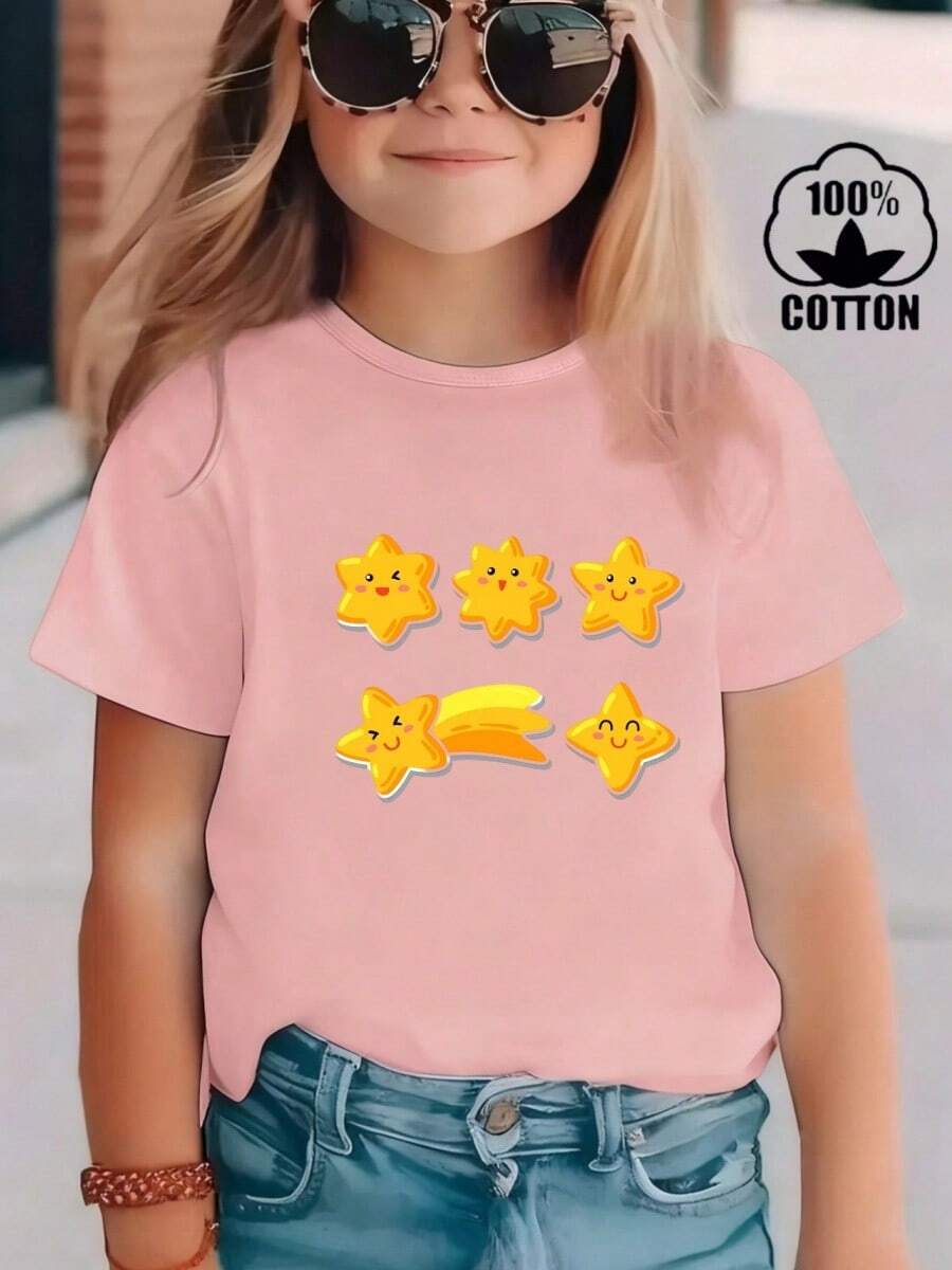 Esta nueva camiseta de manga corta para niña está hecha 100 % de algodón y luce un elegante estampado estrella. Es informal y versátil. Su tejido suave y agradable al tacto es delicado con la piel, lo que permite que las niñas se muevan con libertad y comodidad durante las reuniones familiares, los eventos escolares o los juegos al aire libre. - Rosa - Ver 1