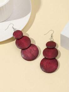 1 paire de 3 boucles d'oreilles rondes en bois avec pompons pour femmes