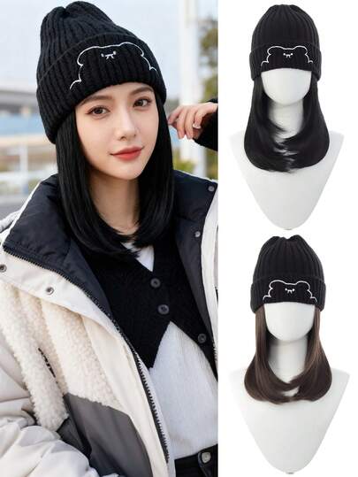 合成假发帽 可爱假发帽，帽子接发 直发黑色假发帽 带合成发片 女士女孩冬季 - 冷棕色/棕色/黑色