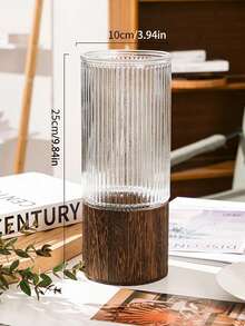 1pc Luxury Wooden & Glass Flower Vase Decor, Living Room Decoration Vase For Hydroponic Lucky Bamboo, Large Diameter Transparent Glass Flower Vase For Fresh Flowers - Multicolor - View 16