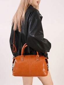 新款复古PU皮女士手提包，时尚拉链单肩包，带可拆卸肩带，女士工作旅行二合一包 - 棕色 - 查看 4