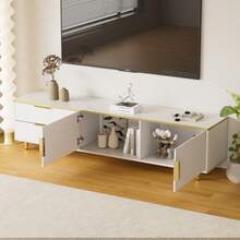 TV Stand, Low Top With Sculpted Texture, Gold Handles And Legs, Living Room Furniture With Marble Frame - White - View 8