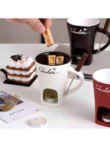 1 Pc Ceramic Chocolate And Cheese Fondue Set With Mug – Comes With A Ceramic Bowl Base, Perfect For Valentine's Day, Parties, And Family Gatherings – No Stove Required, Easy-To-Clean Surface, An Ideal Gift For Cheese, Chocolate, And Dessert Lovers, Modern Kitchenware, Elegant Plates And Dishes, Butter Warmer, A Must-Have For Home Cooking. - Multicolor - View 13