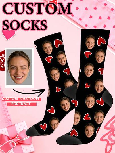 1 par de calcetines de tobillo elásticos y cómodos con retrato de dibujos animados personalizado y estampado de corazón rojo, adecuados para el Día de San Valentín/ocasiones de regalo personalizadas