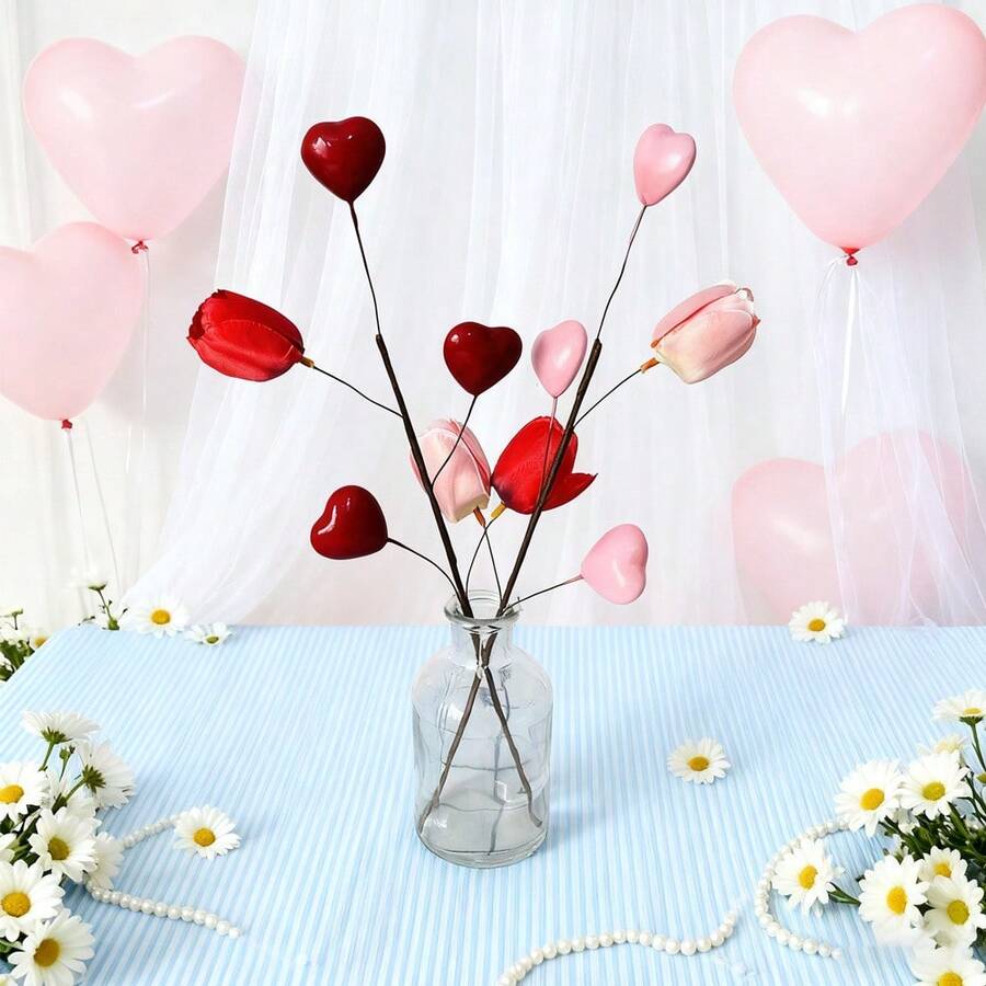 1/3 Bunch Artificial Red Berries Sprig, Heart-Shaped Berries, Suitable For Valentine's Day, Mother's Day, Christmas, Wedding And Proposal (Vase Not Included)
