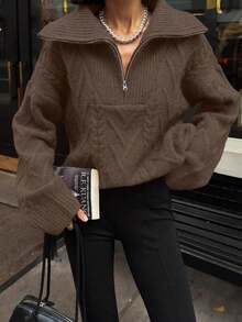 SEREN Autumn And Winter New Brown Retro Ribbed Twisted Flower Sweater Women's Loose Zipper Half Open Design Knitted Sweater Top, Suitable For Wearing When Going Out - Coffee Brown - View 3