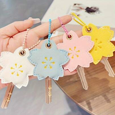 غطاء مفتاح من الجلد بشكل زهري، واقي مفتاح المنزل، سلسلة مفاتيح من جلد البولي يوريثان بشكل زهري، منظم مفاتيح