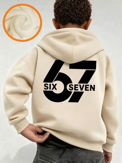 Tween Boy "67 SIX SEVEN" Letter & Number Graphic Fleece Pullover Sweatshirt Sweatshirt, Warm & Comfortable For Autumn/Winter, Suitable For Fun Boys'' Casual Street Style