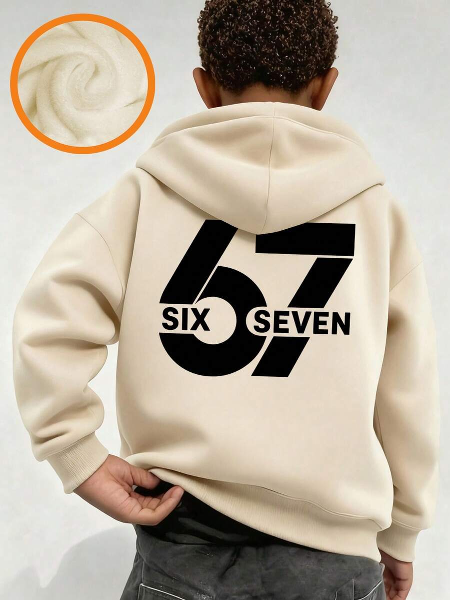 Tween Boy "67 SIX SEVEN" Letter & Number Graphic Fleece Pullover Sweatshirt Sweatshirt, Warm & Comfortable For Autumn/Winter, Suitable For Fun Boys'' Casual Street Style - Apricot - View 1