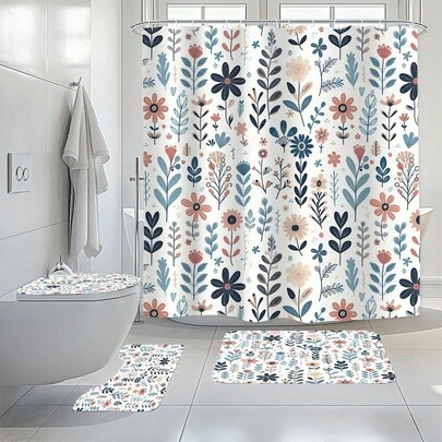 Floral Pattern Polyester Shower Curtain, Waterproof Rustic Design, Machine Washable With 12 Hooks, Woven Farmhouse Style Bathroom Decor, All Season Unlined Fabric With Simple Wild Flower Pattern