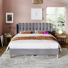 Upholstered Double Bed With USB Type-C Charging Function, Bed Frame With Slatted Base, Upholstered Bed In Grey, 160 X 200 Cm Bed Frame, Youth Bed For Bedroom/Guest Room - Linen Material - Grey - View 9
