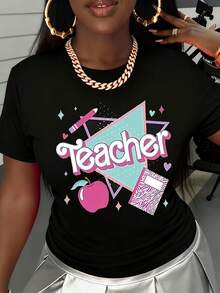 Back To School Outfits,Women Clothing Teacher T Shirt White Teacher Text Apple And Notebook Print Casual Wear For Women School 100%Cotton - Pink - View 4