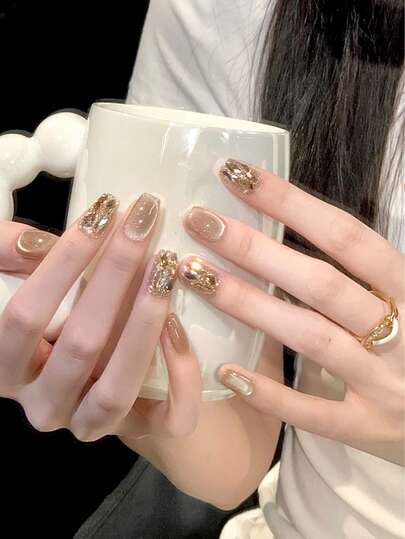 10片方形猫眼美甲贴纸，香槟色带金色装饰，适合日常和节日佩戴，可重复使用，非常适合女性和女孩，可爱的美甲贴纸，美甲用品