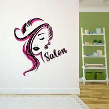 Calcomanía de pared para salón, bonita silueta femenina con letras de salón extraíbles, tamaño: 27 pulgadas de ancho x 30 pulgadas de alto(27 In x 30 In multi) - Multicolor - Ver 3