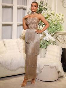 Nuevo vestido de fiesta con hombros descubiertos, sin mangas, espalda descubierta, con flecos y adornos de strass en color albaricoque. Vestido de gala elegante para boda, dama de honor, fiesta de cumpleaños, cóctel de noche