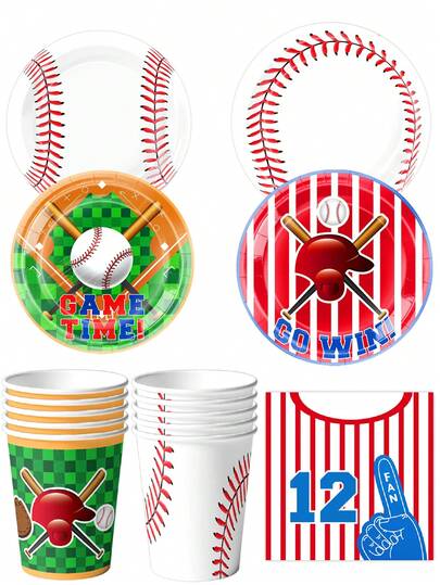 10pcs Baseball-Themed Dinnerware Set: Plates, Cups, Napkins Birthday Party Tableware, Atmosphere Decor Flags Birthday Party Supplies, Camping & Travel Essentials Banquet Utensils, Spring & Summer Tableware Collection
