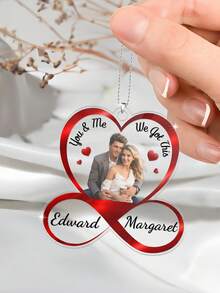 Personalized Infinity Heart Couple Ornament​ – 7cm (2.36in) Heart-Shaped Acrylic Ornament Engraved With Custom Couple Photos, Names (E.G., "Edward & Margaret", "Chadie & Sophia", "Lillie & Jack"), And Romantic Text ("You & Me", "We Got This"). Features A Red Infinity Symbol, Silver Chain, And Glossy Finish. - Multicolor 2 - View 3