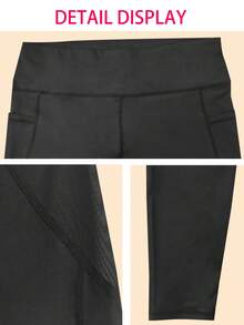 Pantalon de yoga taille haute avec contrôle du ventre pour femmes grandes tailles, leggings ajustés avec poches latérales et design bicolore, convient pour la course, l'entraînement et le port décontracté - Noir - Voir 4