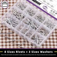 Swpeet - Juego de 560 remaches plateados de 3/32 pulgadas, 1/8 pulgadas, 5/32 pulgadas, 3/16 pulgadas, surtido de remaches con arandelas de respaldo de acero inoxidable, remaches ciegos de aluminio - Plateado - Ver 11