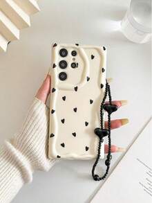 奶油色波浪边亮黑色爱心彩绘防摔手机壳，附赠串珠手链配件，兼容三星 Galaxy S25/S25PLUS/S25 Ultra/A16/A36/A26/A56/A50/A12/A32/A52/A72/A51/A21S/A13/A14/S24/S24PLUS/S24Ultra、S22/A52/A53/A54/A55/S23、11/12Pro/12/12X/13Pro/14Pro/15Pro、红米 10/9/Note9/12c/Note11pro/Note8Pro - 彩色 - 查看 3