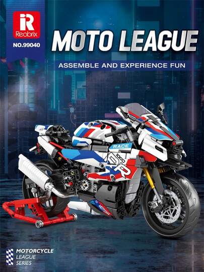Reobrix Red/Blue 1000 RR Motorcycle Building Block Sets, 1:8 Scale Model Kit,  ABS Material, SuperCar Themed, Equipped With A Dedicated Display Stand For Easy Display, Suitable As Birthday, Christmas Gifts, Collection And Home Decor