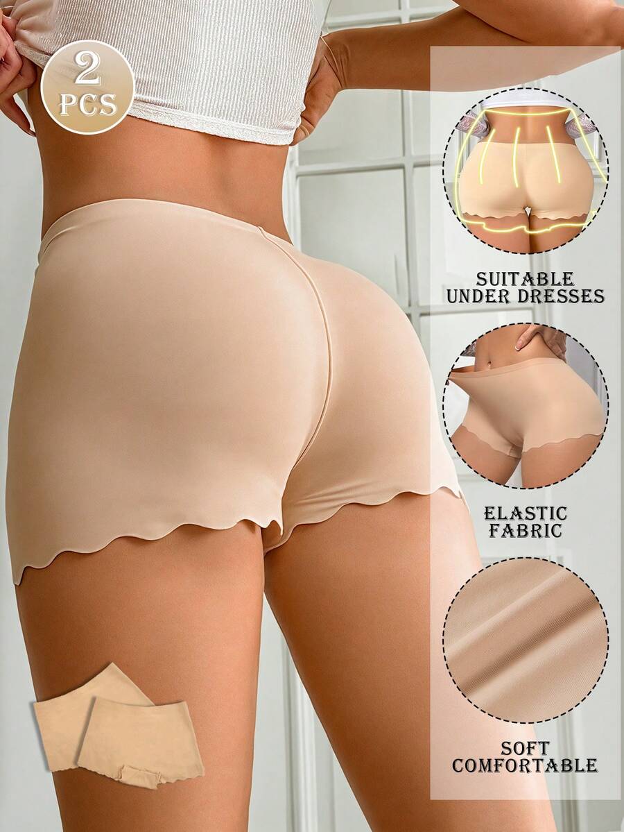 2pcs Comfortable Safety Shorts For Women Antiexposure Soft Safety Panties Elastic Boyshort Underwear Briefs For Women Knickers Women Underpants Summer Solid Color Stretchy Comfortable Antiexposure Safety Shorts - Apricot - View 1