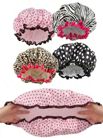1pc/4pcs Set Women Shower Cap, Elastic Reusable Hair Shower Cap, Double Layer Waterproof Shower Cap, Designed For Women Bathing, Washing Hair And Makeup, Women Accessories, Travel Accessories, Very Portable