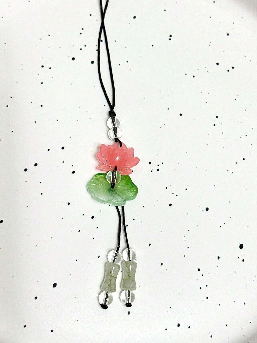 1pc Good Luck Lotus Flower Design Bamboo Pendant Phone Charm, Handmade Woven Lotus Flower Phone Strap, Suitable For Women Daily Use