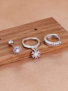 3 pièces Boucles d'oreilles fleuries en cristal violet avec petits grains, plaqué or 18 carats en acier inoxydable, boucles d'oreilles à créoles romantiques pour femmes et filles, cadeau de mariage