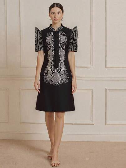 Amyenjoylife Modern Filipiniana Ladies' Elegant And Fashionable Printed Long Bubble Sleeve Short Sleeved Shirt Filipiniana Modern Dress,Black Dress