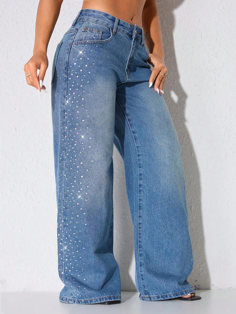 Low Waist Wide Leg Casual Black Slanted Pocket Curved Women's Jeans Heavy Beadwork - Blue - View 1