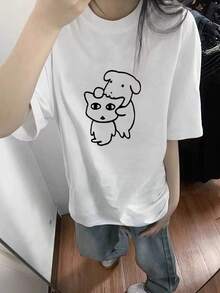 日系女式宽松休闲圆领卡通印花短袖T恤，春夏款 白色 - 白色 - 查看 1
