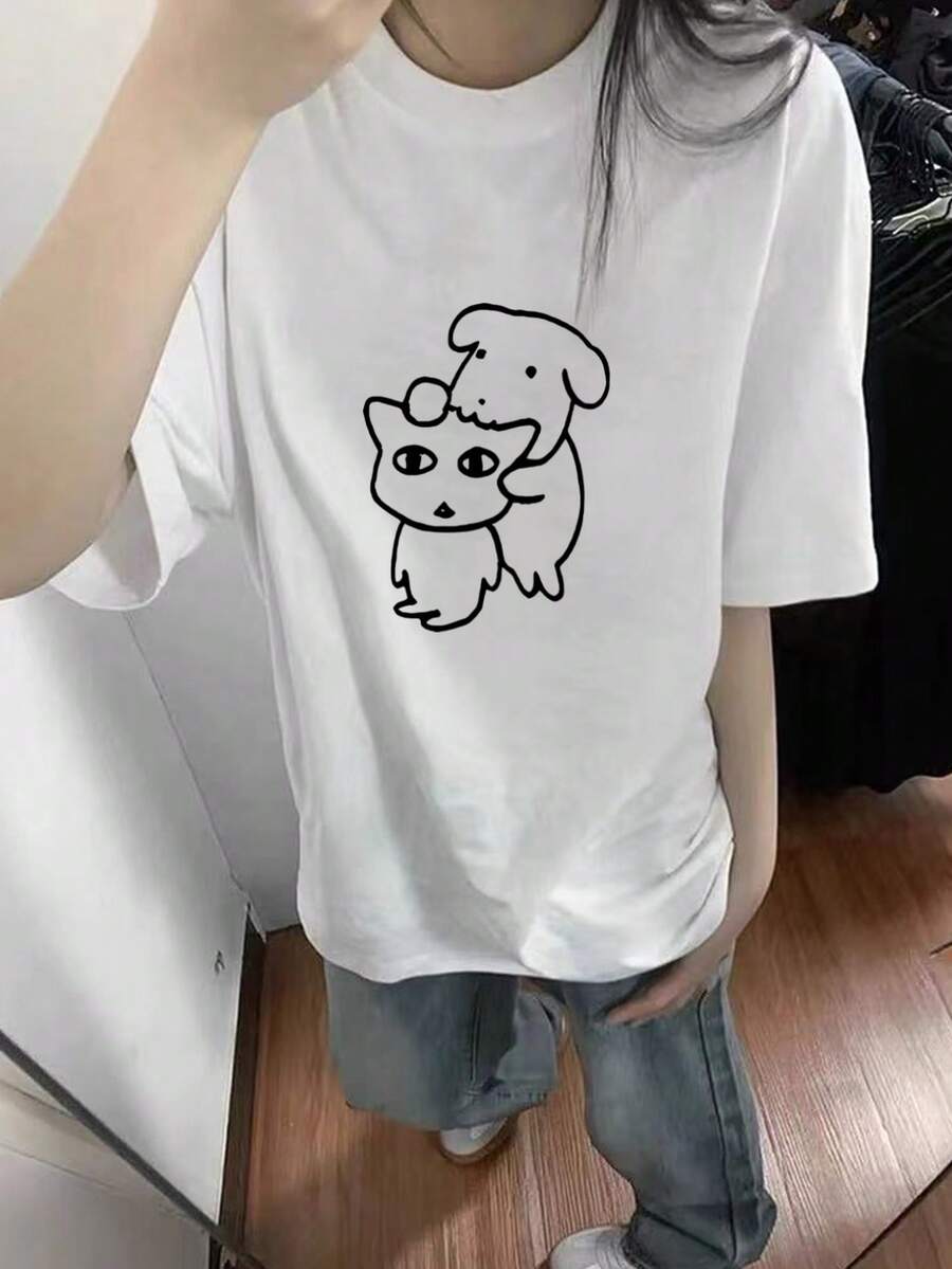 日系女式宽松休闲圆领卡通印花短袖T恤，春夏款 白色 - 白色 - 查看 1