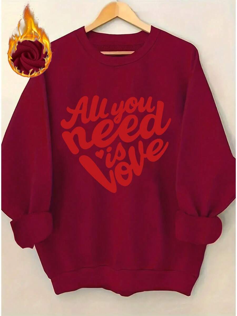 2026 New Year Cotton Sweatshirt For Women Pink 'All You Need Is Love' Red Cursive Letter Hoodie - Thick Pullover Sweater With Heart Decoration, Pink And Red Valentine's Day Sweater, Casual Winter Wear, Machine Washable Crew Neck Sweater (Do Not Tumble Dry) - Mature Style Loose And Comfortable Winter Clothes For Women - 酒紅色 - 查看 1