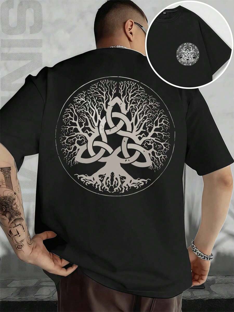 T-shirt à motif Arbre de Vie celtique viking, 100 % coton, coupe décontractée, confortable, imprimé artistique re cto verso - Noir - Voir 1