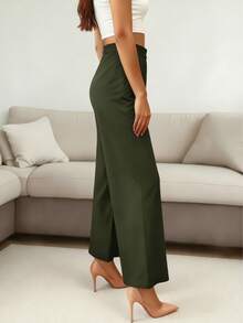 Pantalones rectos de negocios para mujer, elegantes y refinados, versátiles para diversas ocasiones de traslado - Verde Oscuro - Ver 5