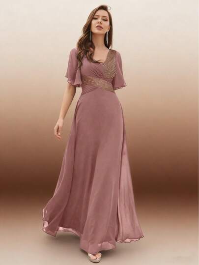 Women's V-Neck Backless Ruffle Sleeve Criss-Cross Pleated Sequin Patchwork Chiffon Party Dress