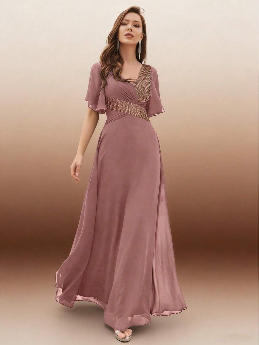 女式 V 领露背荷叶边袖交叉褶饰亮片拼接雪纺派对连衣裙 - 紅木色 - 查看 1