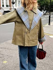 双面复古时尚夹克，橄榄绿纯色/蓝棕色格子图案，可拆卸披肩领，圣诞节女士外套，百搭秋季大衣 - 藍棕撞色 - 查看 6