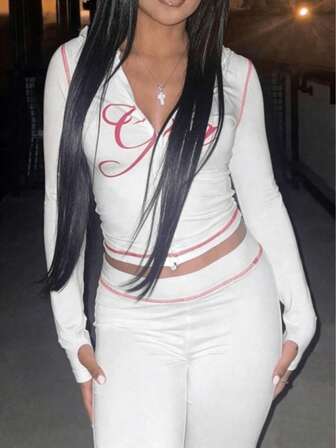 Conjunto de sudadera con capucha de manga larga y pantalón de chándal para mujer, diseño con cremallera, estampado de la palabra "Girl", cómodo, adecuado para viajes y actividades al aire libre, conjunto casual de otoño