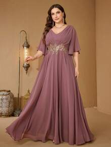 UNITHORSE Vestido de noche de gasa con cuello en V, mangas con volantes y aplicación en la cintura - Rosa vieja - Ver 3